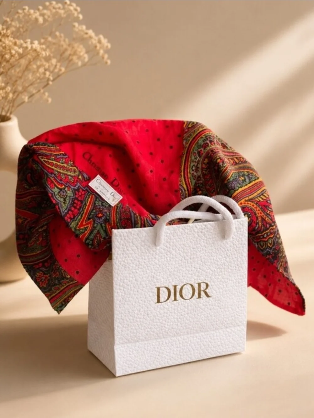 Authentic Dior Red Cotton Polka Dot Paisley Scarf With Giftbag NWOT